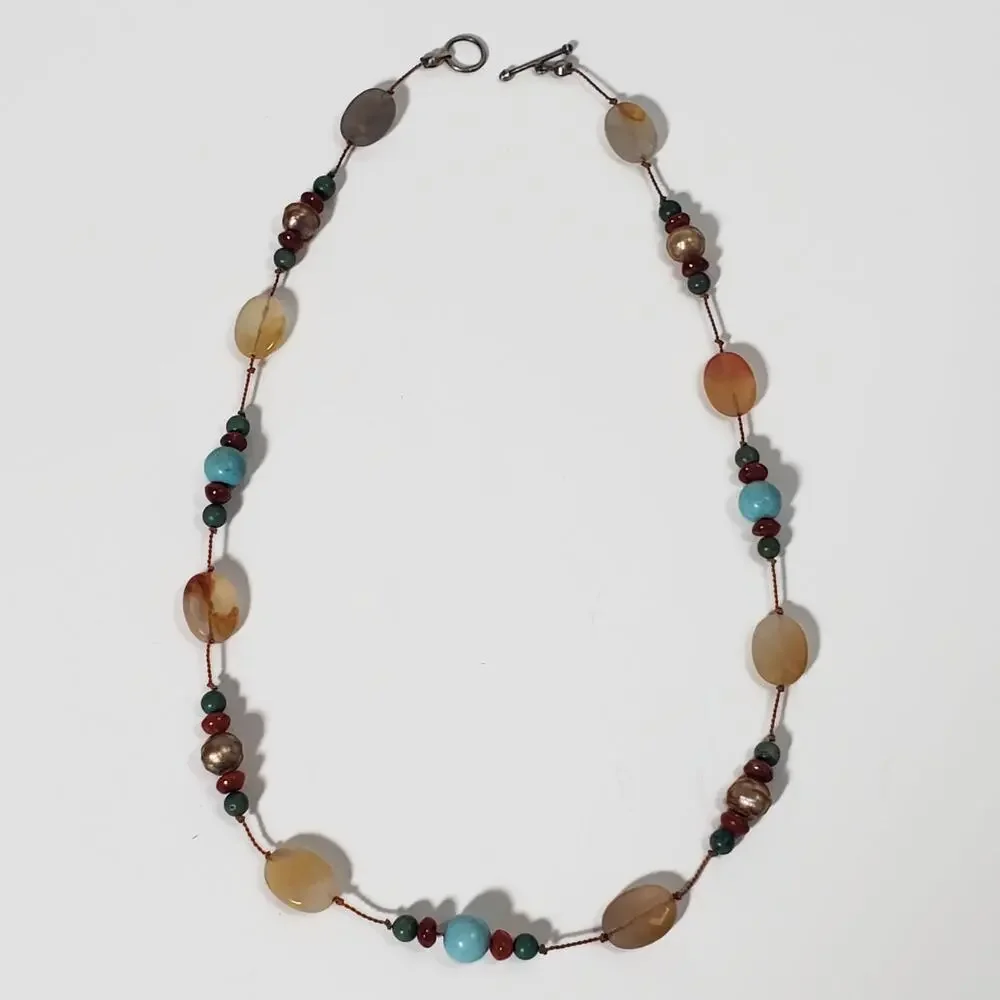 Agate Freshwater Pearl Carnelian Turquoise Bead Sterling Silver Toggle Necklace